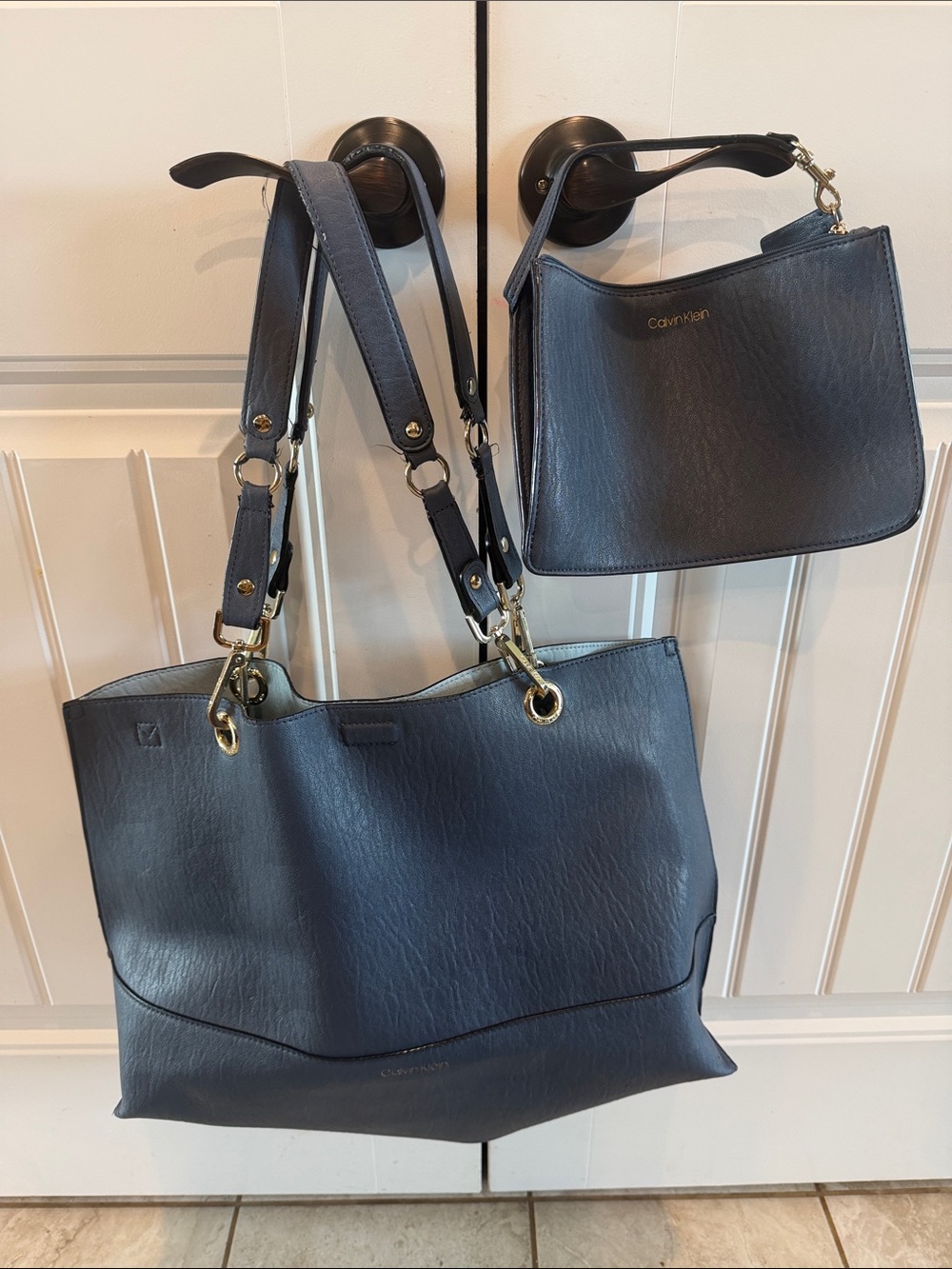 Calvin Klein Deep Blue Leather Tote with Matching Pouch